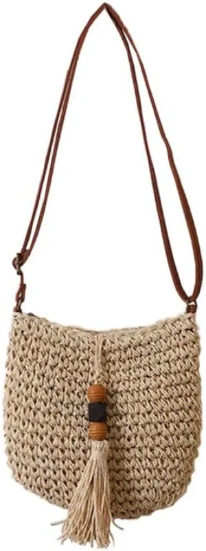 Woven Bag for Women Summer Beach Travel Handbag and Purse Retro Handmade Shoulder Bag Crossbody Bag Beige