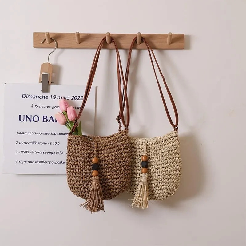 Woven Bag for Women Summer Beach Travel Handbag and Purse Retro Handmade Shoulder Bag Crossbody Bag Beige