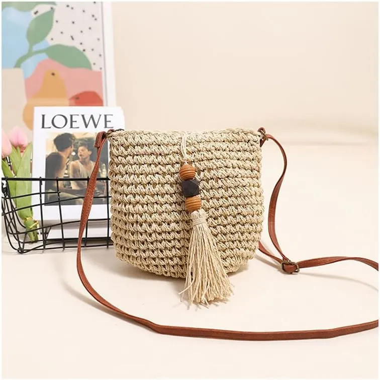 Woven Bag for Women Summer Beach Travel Handbag and Purse Retro Handmade Shoulder Bag Crossbody Bag Beige