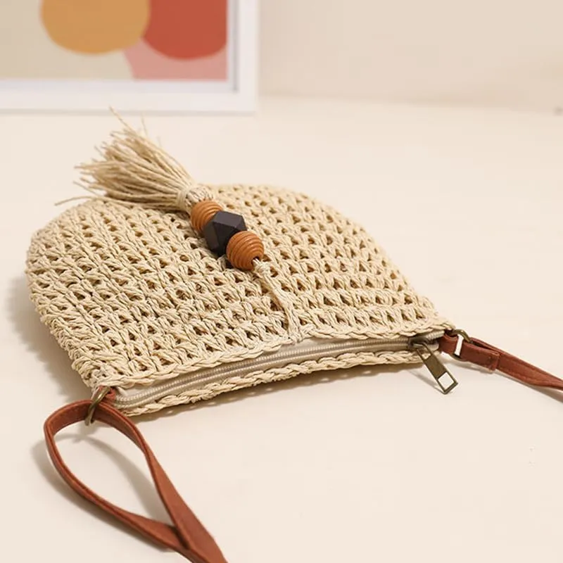Woven Bag for Women Summer Beach Travel Handbag and Purse Retro Handmade Shoulder Bag Crossbody Bag Beige