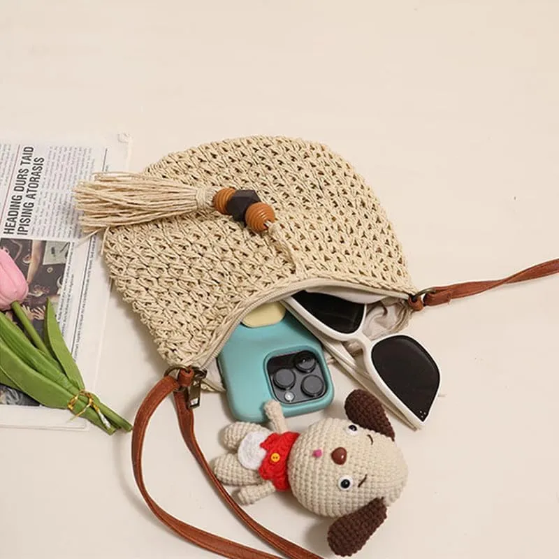 Woven Bag for Women Summer Beach Travel Handbag and Purse Retro Handmade Shoulder Bag Crossbody Bag Beige