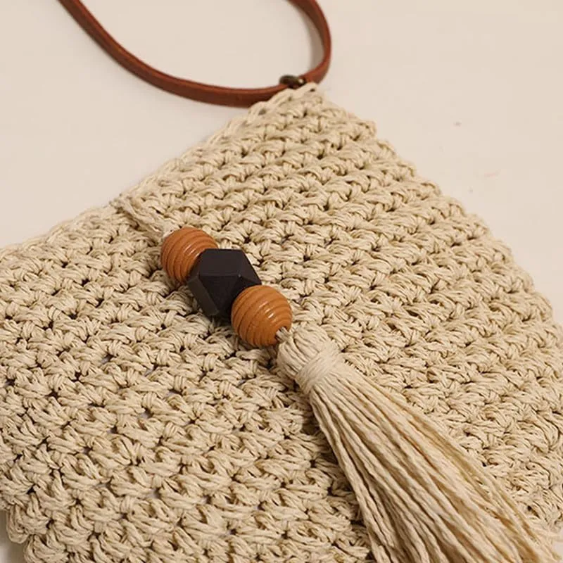 Woven Bag for Women Summer Beach Travel Handbag and Purse Retro Handmade Shoulder Bag Crossbody Bag Beige