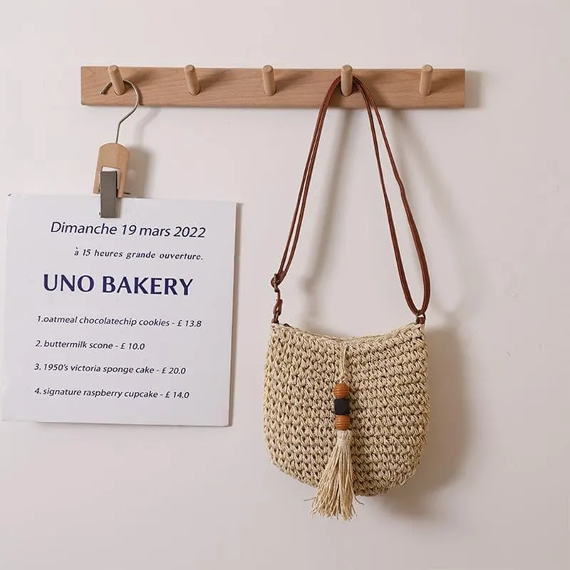 Woven Bag for Women Summer Beach Travel Handbag and Purse Retro Handmade Shoulder Bag Crossbody Bag Beige