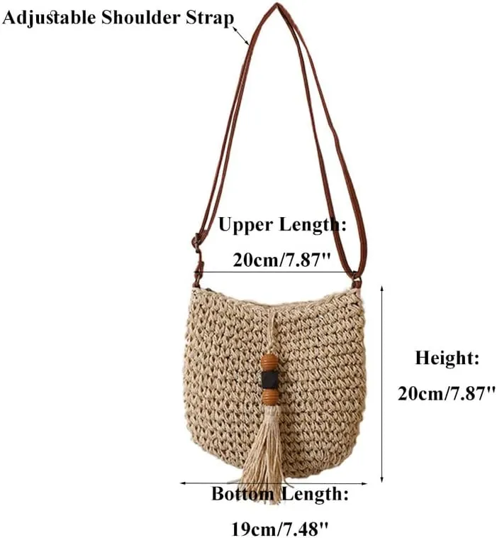 Woven Bag for Women Summer Beach Travel Handbag and Purse Retro Handmade Shoulder Bag Crossbody Bag Beige