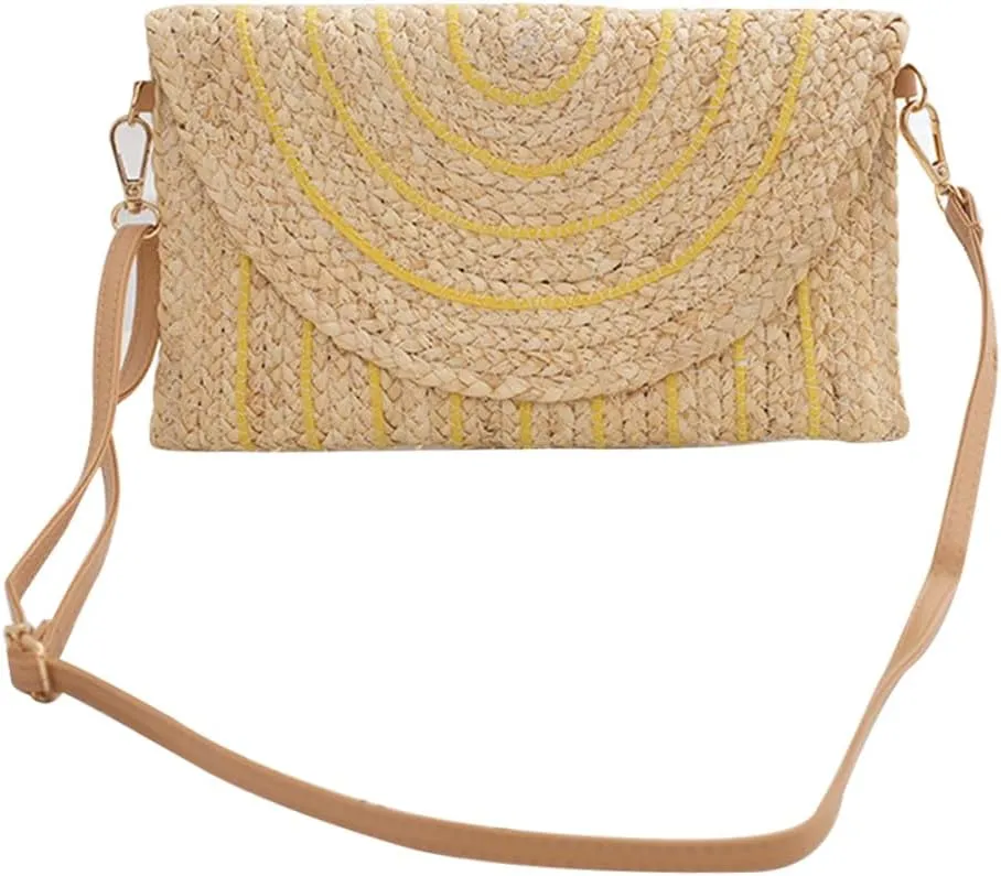 Woven Shoulder Bag with Adjustable Strap Trendy Crossbody Bag Flap Summer Beach Envelope Wallet Straw Bag for Wome
