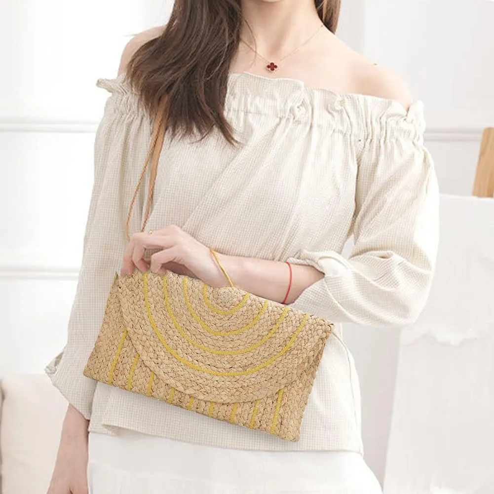 Woven Shoulder Bag with Adjustable Strap Trendy Crossbody Bag Flap Summer Beach Envelope Wallet Straw Bag for Wome