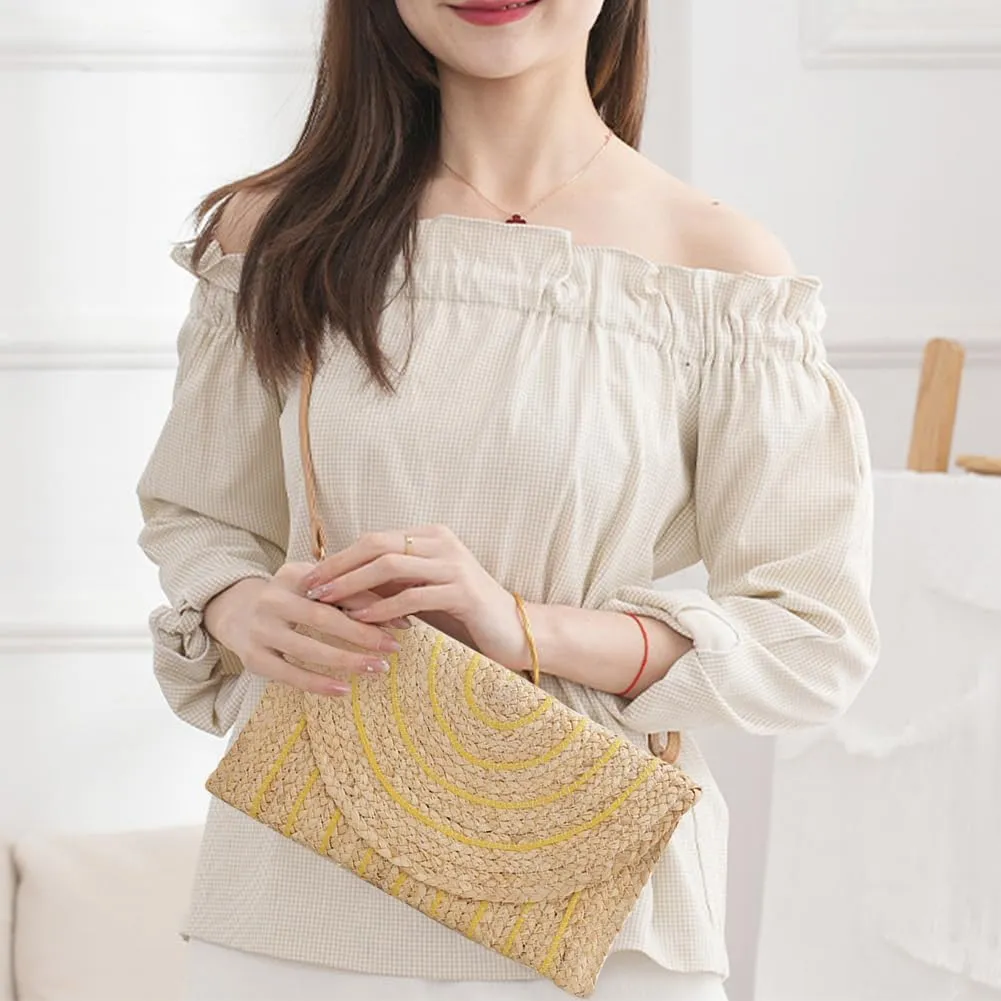Woven Shoulder Bag with Adjustable Strap Trendy Crossbody Bag Flap Summer Beach Envelope Wallet Straw Bag for Wome