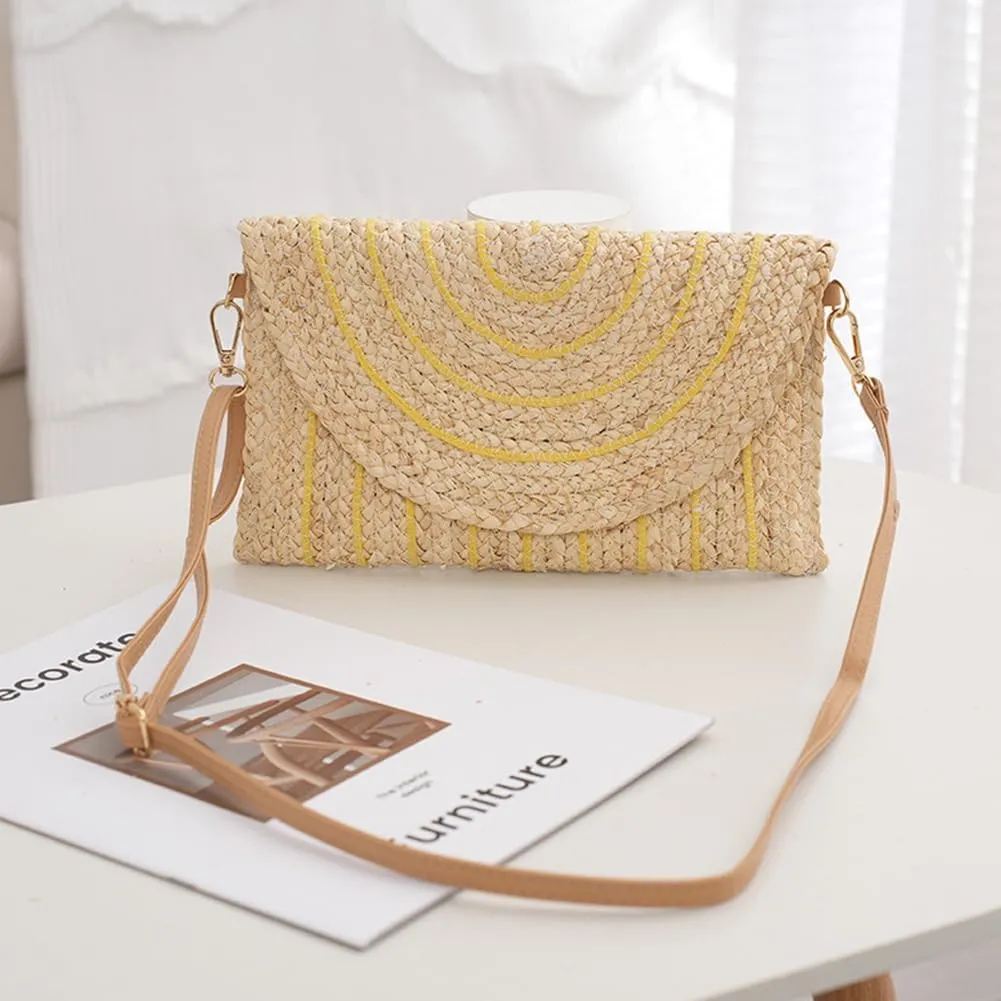 Woven Shoulder Bag with Adjustable Strap Trendy Crossbody Bag Flap Summer Beach Envelope Wallet Straw Bag for Wome