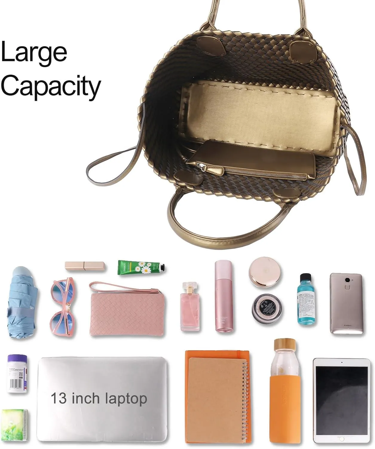 Woven Tote Bag for Women Retro Handwoven Shoulder Travel Handbag Large Capacity Hobo Vegan Leather Bags with Purse