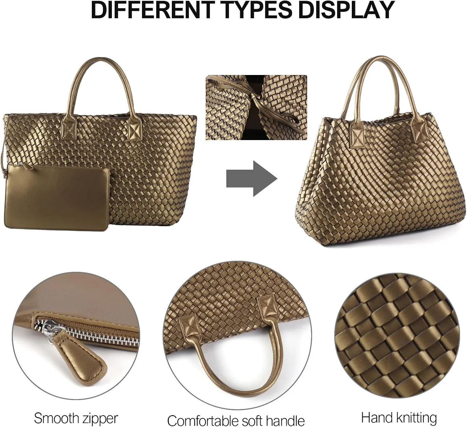 Woven Tote Bag for Women Retro Handwoven Shoulder Travel Handbag Large Capacity Hobo Vegan Leather Bags with Purse