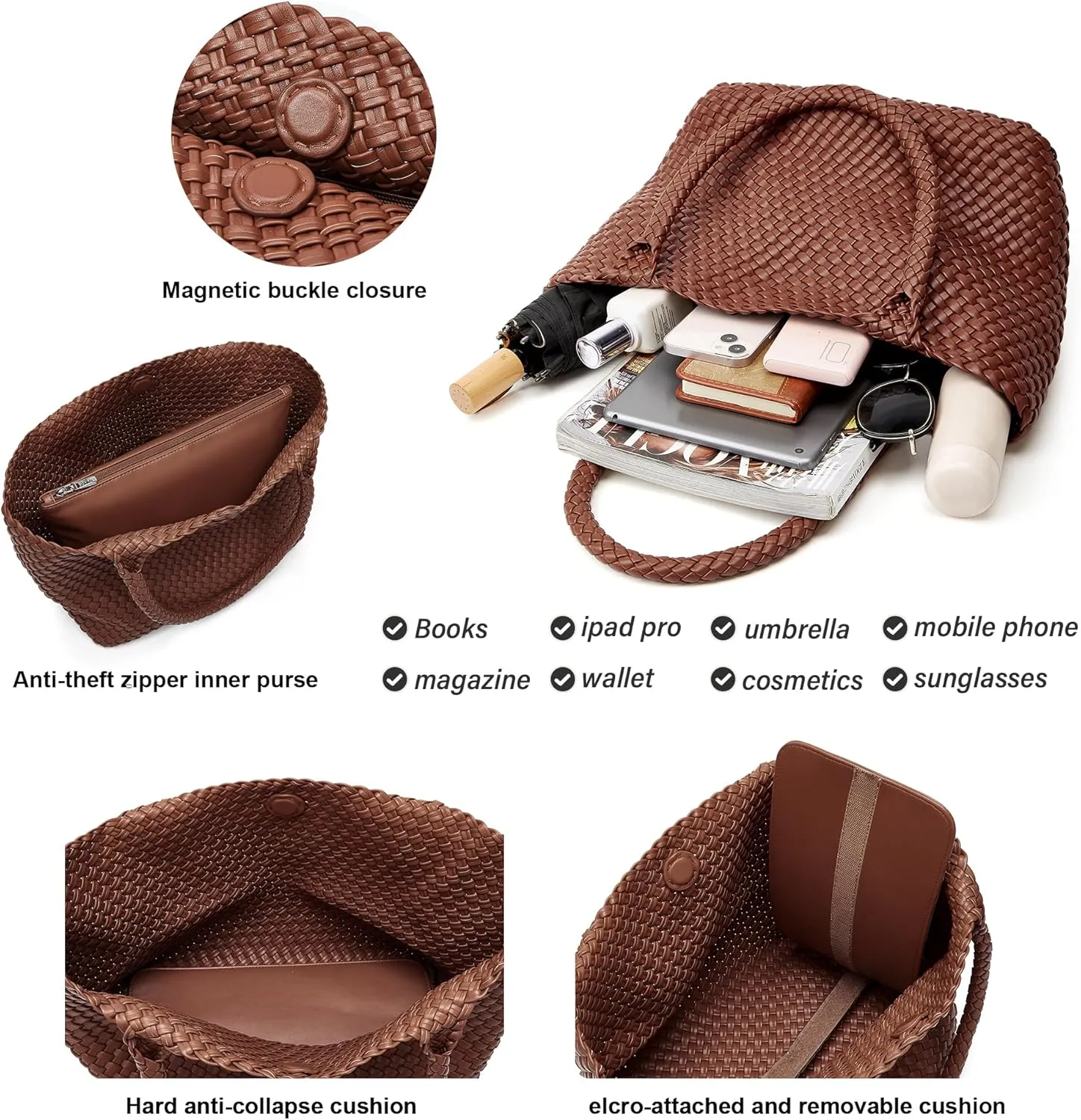 Woven Tote Bag Womens Purse: Vegan Leather Shoulder Handbags - Fashion Summer Beach Tote Bags - Large Travel Totes