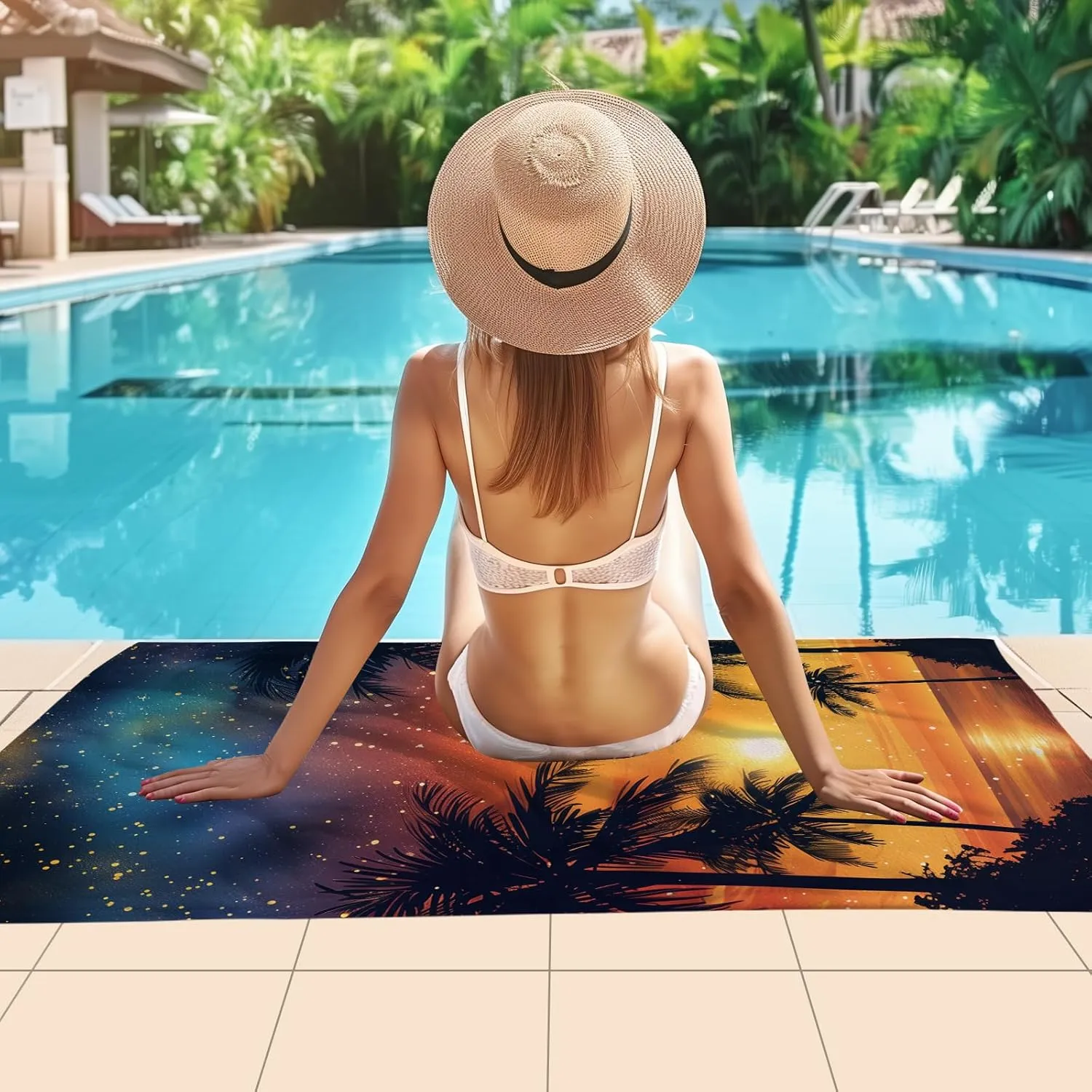 WZOMT Microfiber Beach Towel Oversized Summer Palm Tree Sunset Bath Towels, Orange Blue Black Sand-Free Absorbent Quick Dry Towels for Swim/Pool/Surf/Travel/Yoga, 32"x52" Beach Accessories