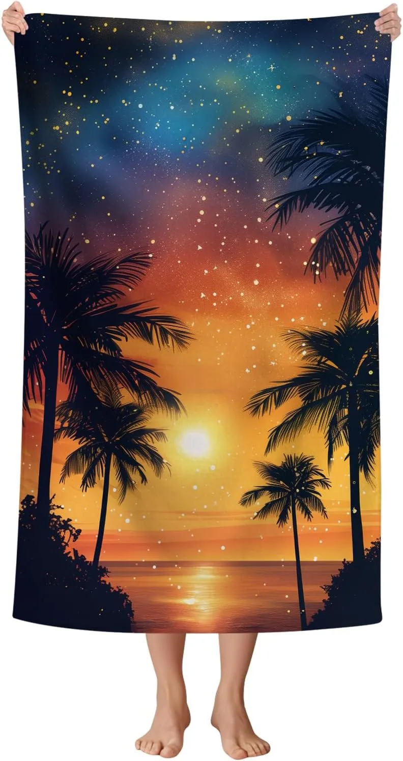 WZOMT Microfiber Beach Towel Oversized Summer Palm Tree Sunset Bath Towels, Orange Blue Black Sand-Free Absorbent Quick Dry Towels for Swim/Pool/Surf/Travel/Yoga, 32"x52" Beach Accessories