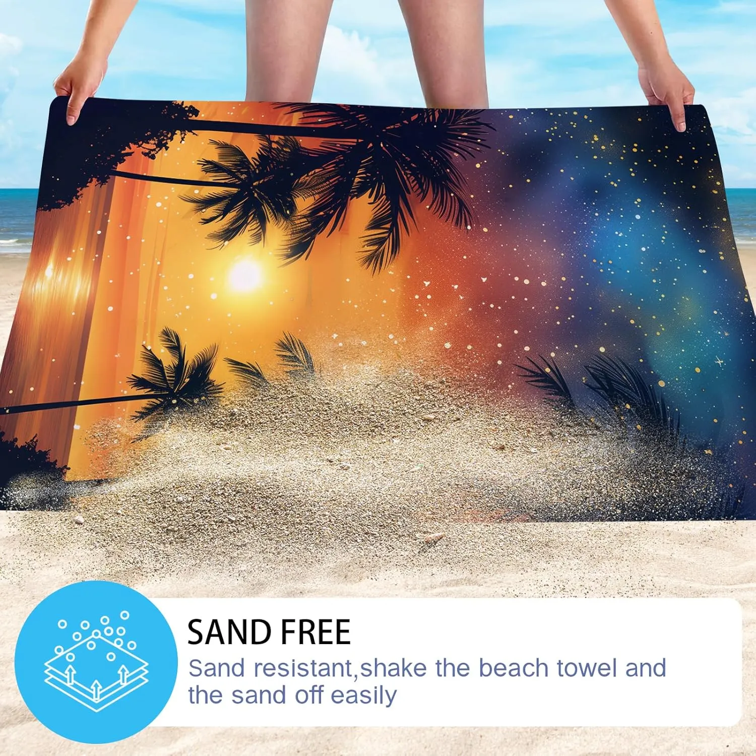 WZOMT Microfiber Beach Towel Oversized Summer Palm Tree Sunset Bath Towels, Orange Blue Black Sand-Free Absorbent Quick Dry Towels for Swim/Pool/Surf/Travel/Yoga, 32"x52" Beach Accessories