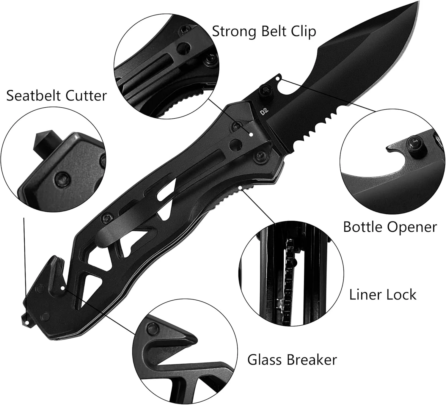 XIPHIAS Tactical Folding Pocket Knife with D2 Steel Blade - EDC Knife with Glass Breaker, Bottle Opener & Rope Cutter - Multifunctional Survival Tool for Camping, Hiking, Fishing - Perfect Birthday/Father's Day Gift - FK051-D2