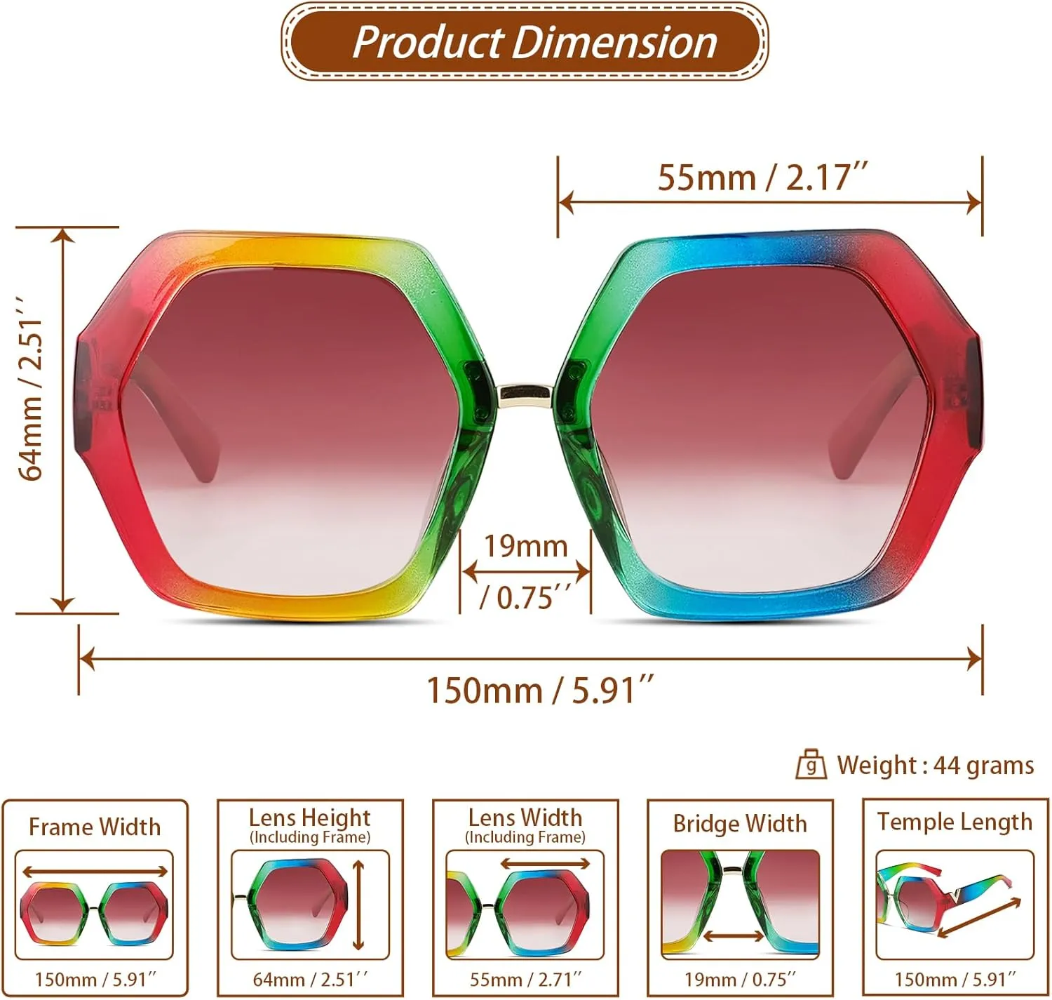 Xpectrum Trendy Extra Large Womens Sunglasses Retro Hexagonal Thick Frame Vintage Oversized Glasses