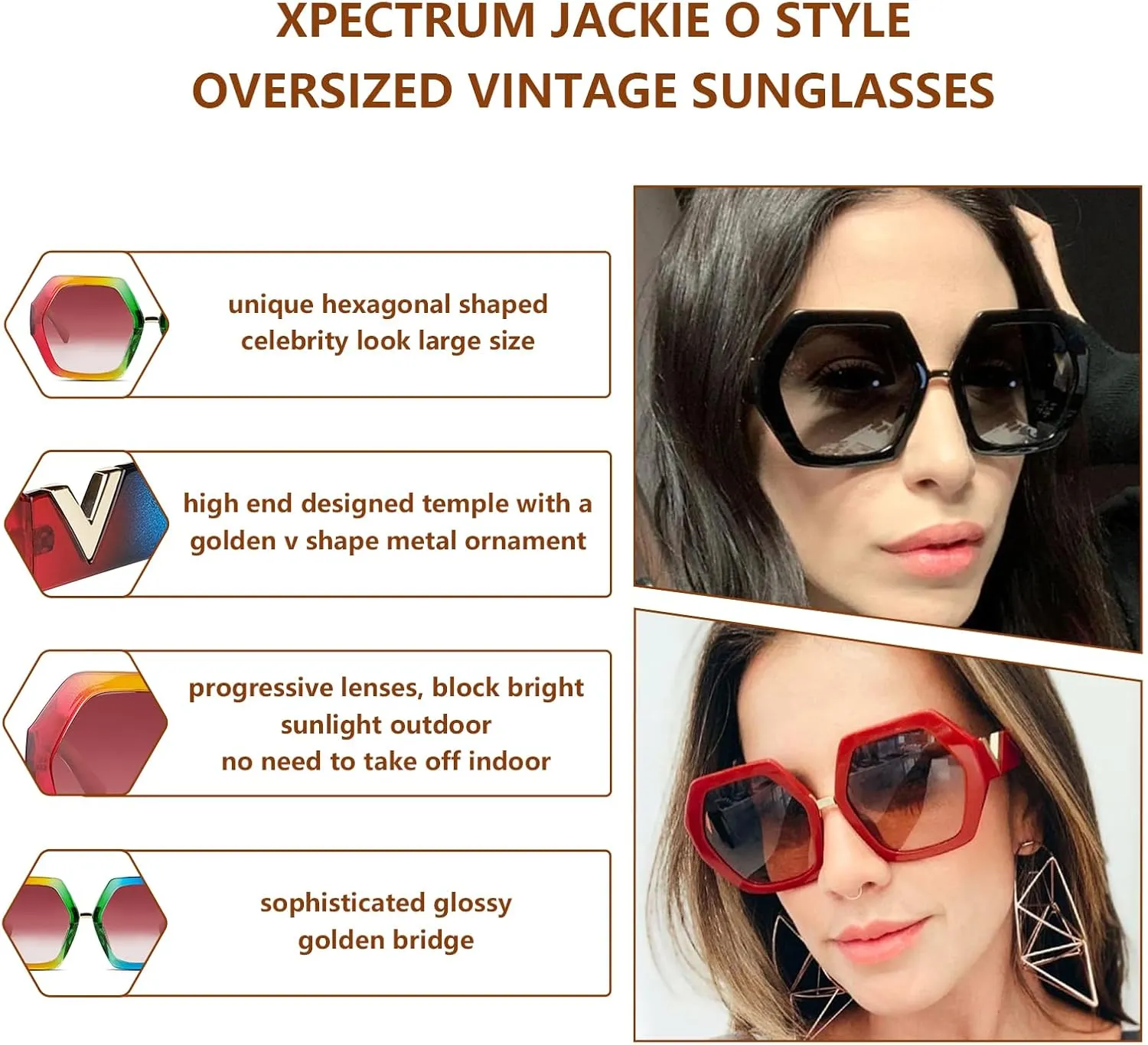 Xpectrum Trendy Extra Large Womens Sunglasses Retro Hexagonal Thick Frame Vintage Oversized Glasses