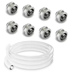 XSPC Clear FLX Tubing (2 Meters) and G1/4" 3/8" ID, 5/8" OD Compression Fitting V2 Bundle, Chrome, 8-Pack