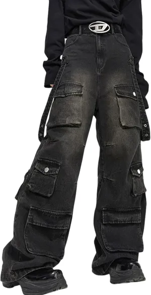 Y2K jeans Gothic multi pocket loose wide leg workwear long pants Men's hip-hop camouflage jeans