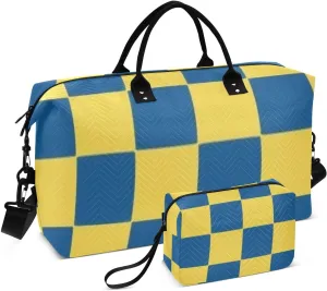 Yellow and Blue Checkerboard Large Travel Duffel Luggage Carry On Shoulder Weekend Tote Gym Sports Carry with Adjustable Strap for Business Trips 2 Pcs Set