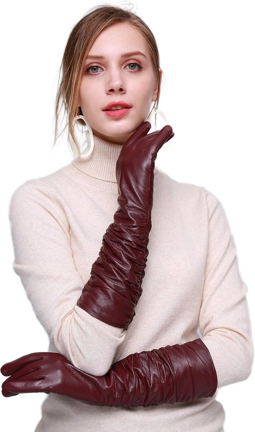 YISEVEN Women’s Long Leather Gloves Opera Length Touchscreen with Pleat Detail