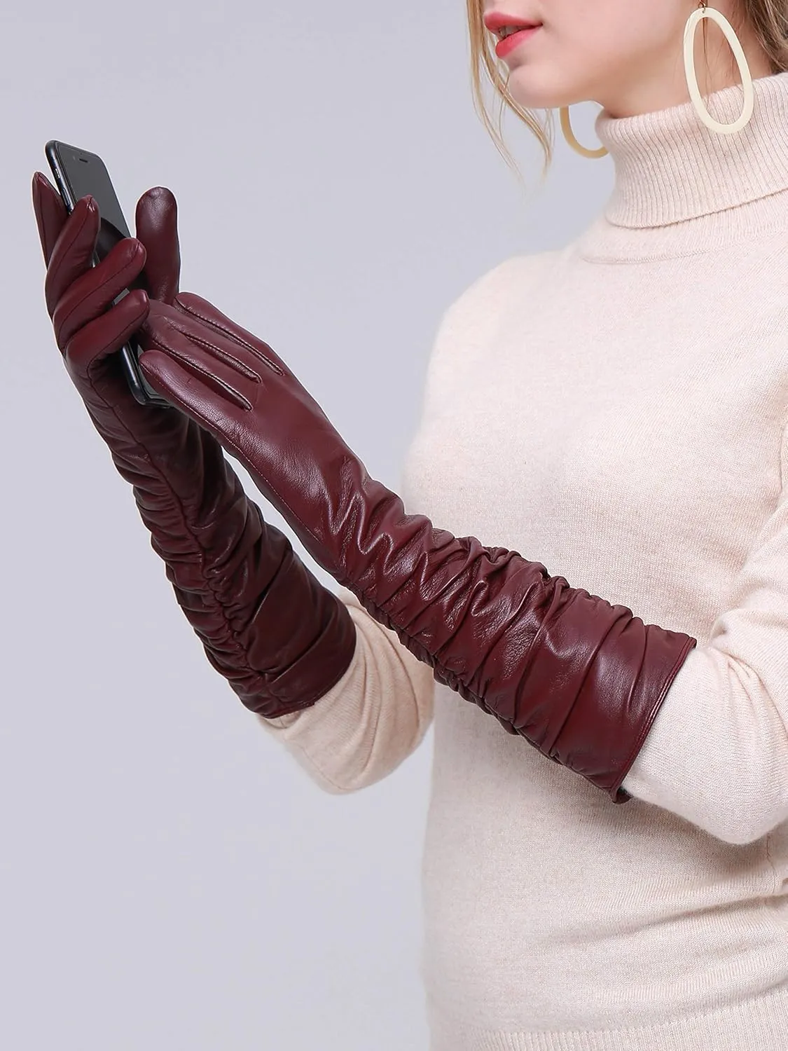 YISEVEN Women’s Long Leather Gloves Opera Length Touchscreen with Pleat Detail