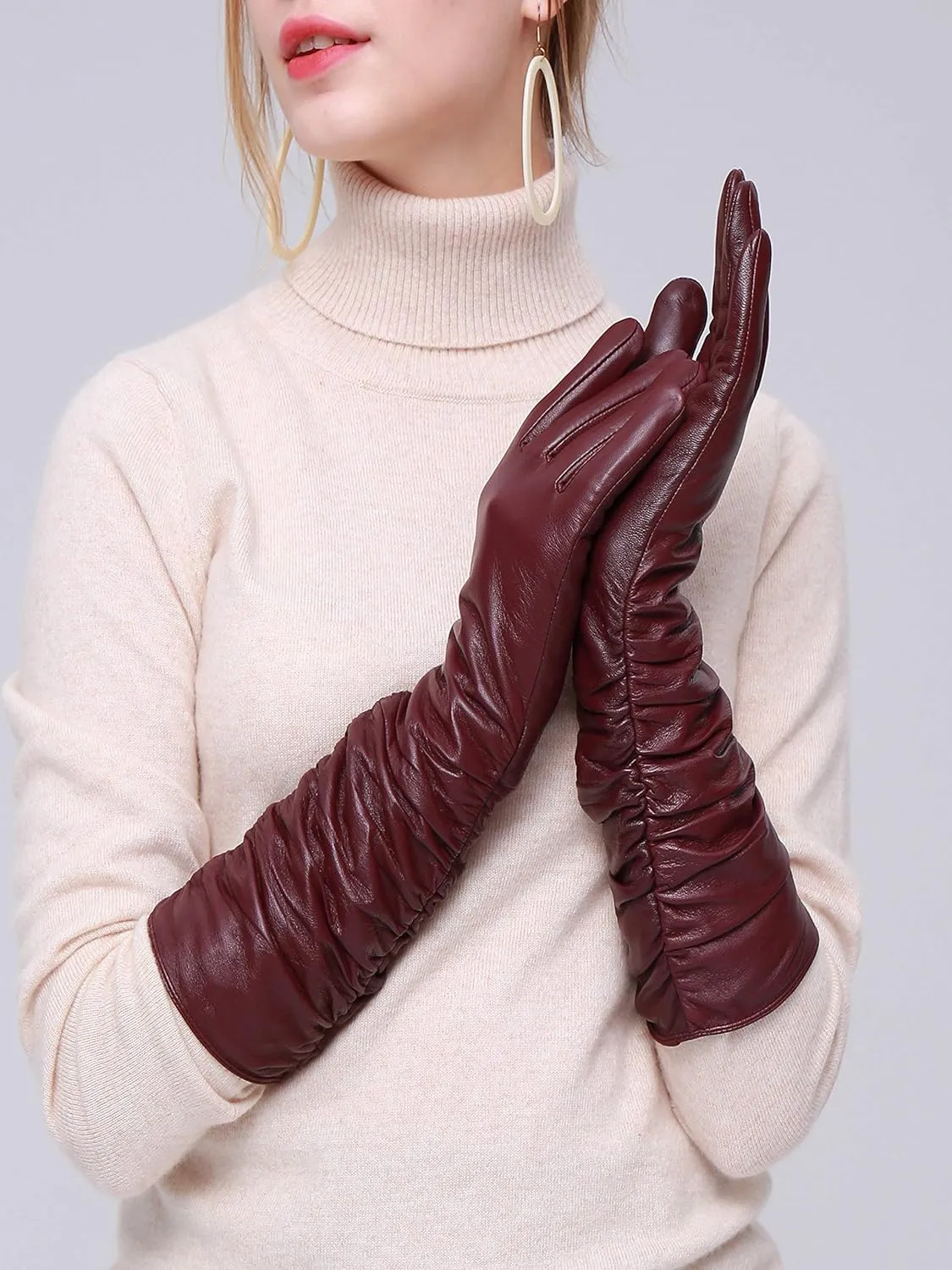 YISEVEN Women’s Long Leather Gloves Opera Length Touchscreen with Pleat Detail