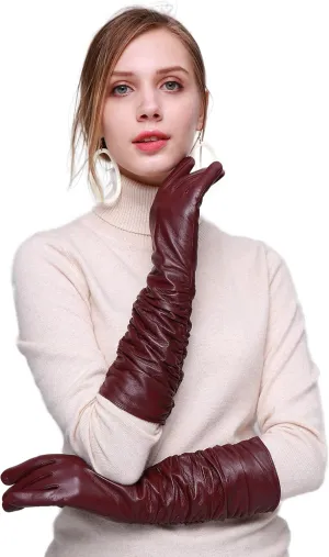YISEVEN Women’s Long Leather Gloves Opera Length Touchscreen with Pleat Detail