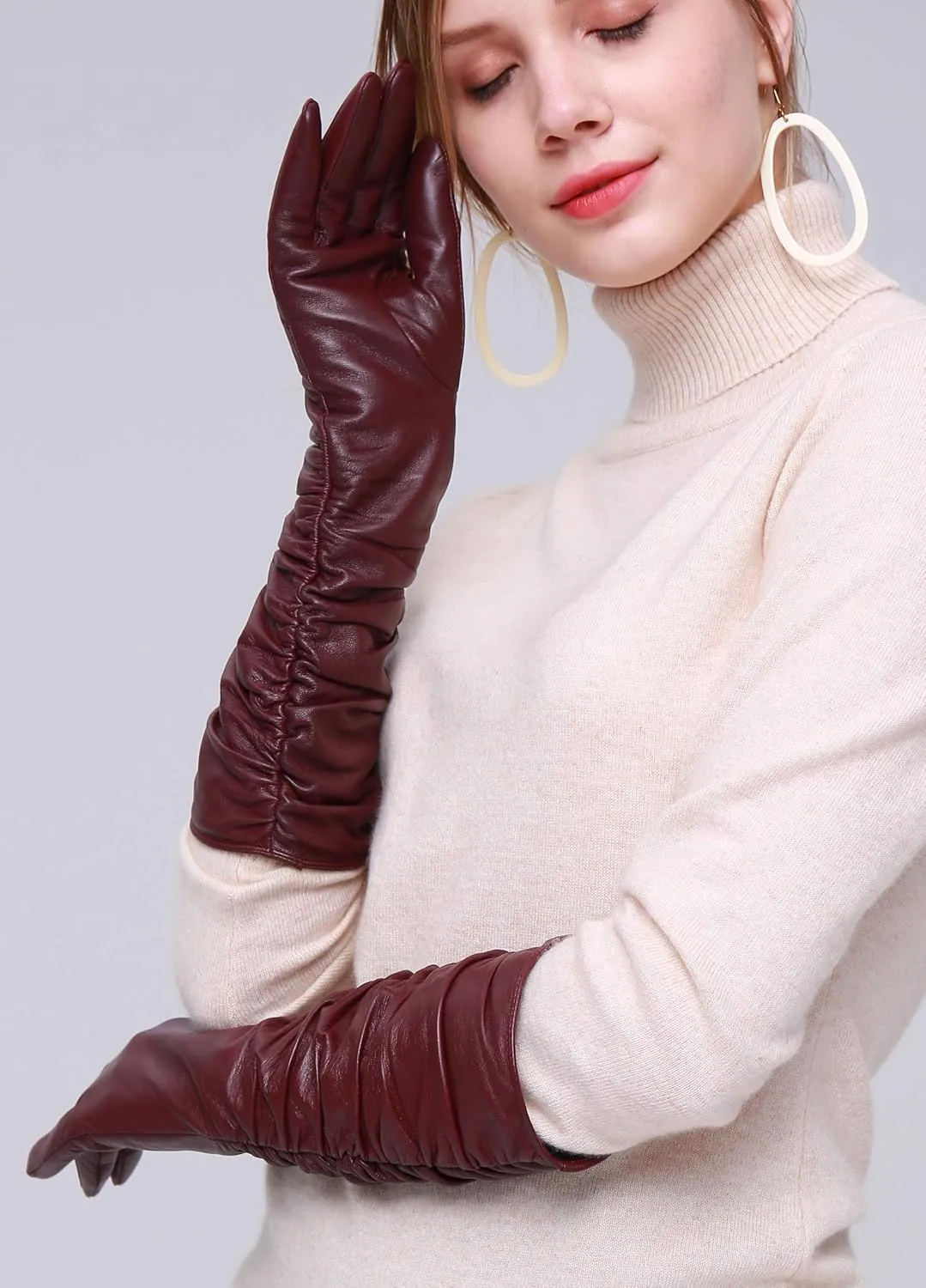 YISEVEN Women’s Long Leather Gloves Opera Length Touchscreen with Pleat Detail