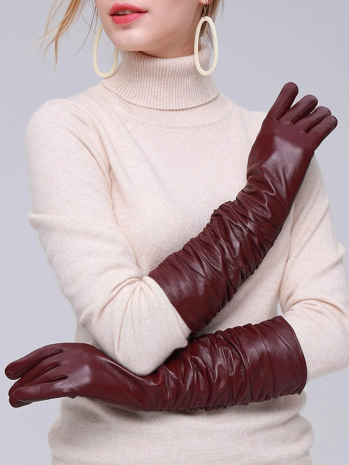 YISEVEN Women’s Long Leather Gloves Opera Length Touchscreen with Pleat Detail