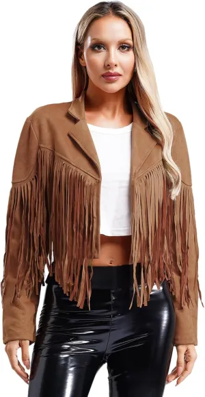 YiZYiF Women's Fringe Faux Suede Leather Jackets Fashion Cowgirl Tassel Motorcycle Cropped Coats