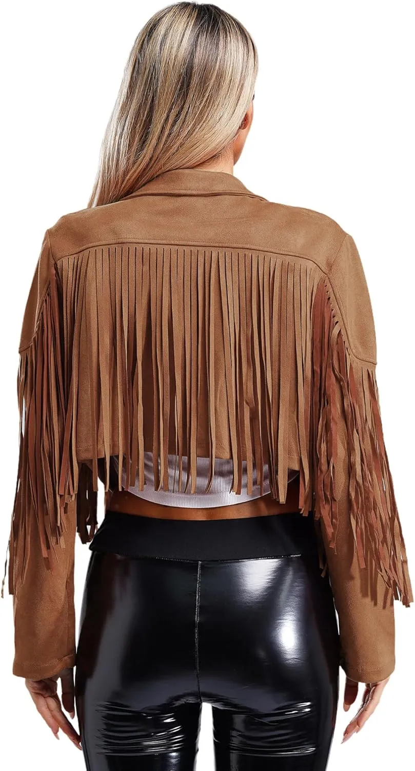 YiZYiF Women's Fringe Faux Suede Leather Jackets Fashion Cowgirl Tassel Motorcycle Cropped Coats