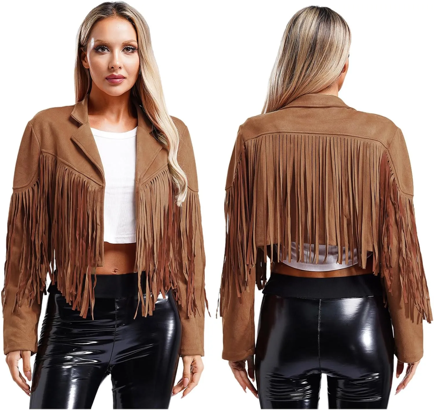 YiZYiF Women's Fringe Faux Suede Leather Jackets Fashion Cowgirl Tassel Motorcycle Cropped Coats