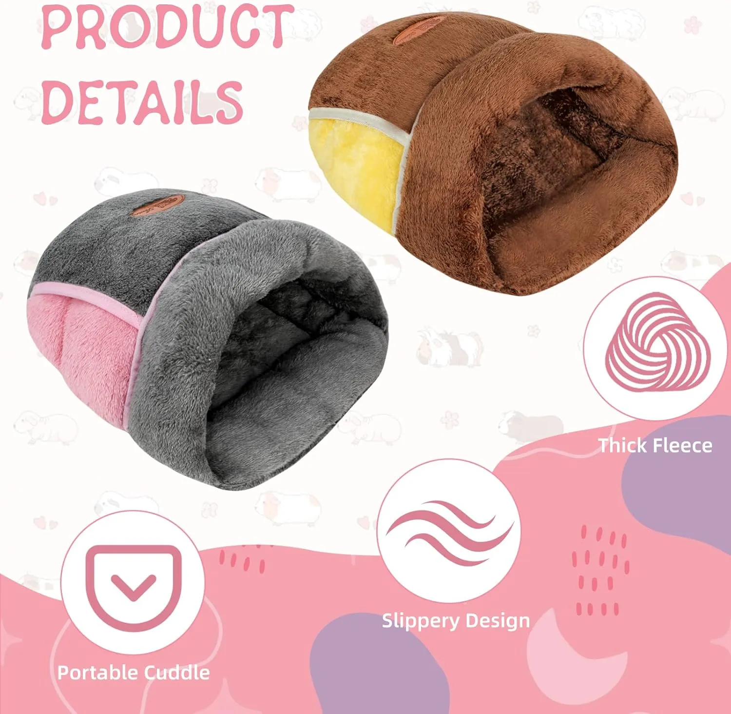 YUEPET 2 Pack Guinea Pig Hideout Portable Guinea Pig Pocket Bedding Cozy Cuddle Sack Snuggle Bag Bunny Bed for Small Animals Hamster Ferret Hedgehog Chinchilla Rabbit Cage Accessories (Grey Brown)
