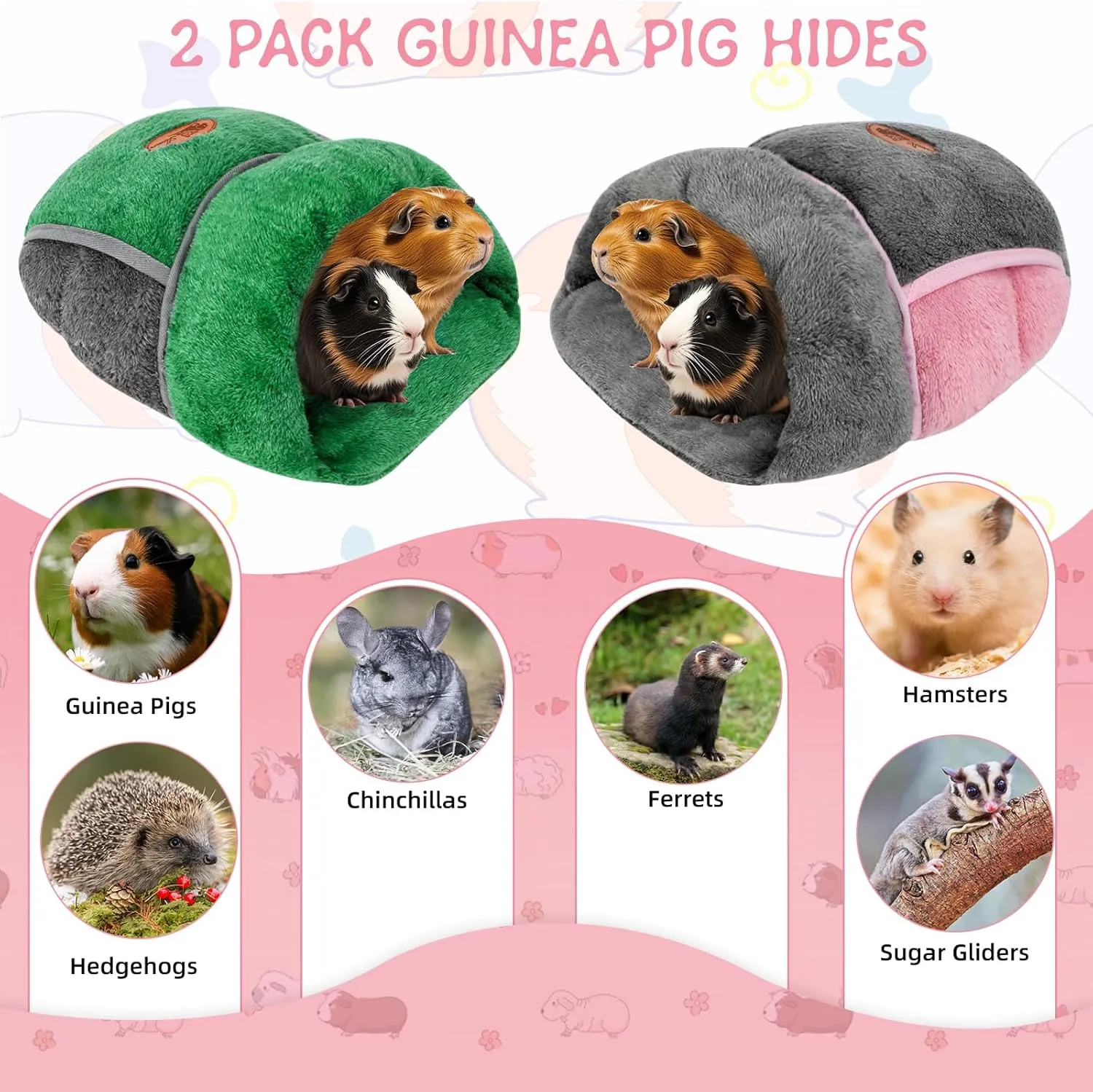 YUEPET 2 Pack Guinea Pig Hideout Portable Guinea Pig Pocket Bedding Cozy Cuddle Sack Snuggle Bag Bunny Bed for Small Animals Hamster Ferret Hedgehog Chinchilla Rabbit Cage Accessories (Grey Green)