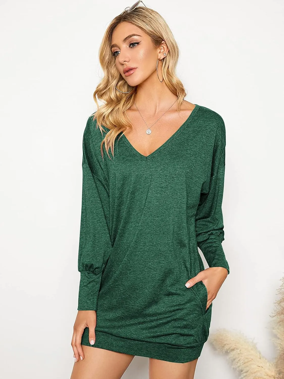 ZANZEA Women's V Neck Long Sleeve Casual Oversized Baggy Tops Loose Blouses Pullover Tunic Sweater Sweartshirt Dress