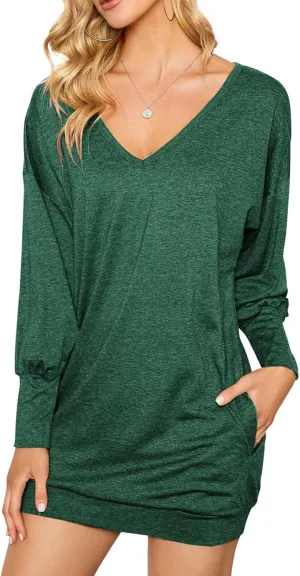 ZANZEA Women's V Neck Long Sleeve Casual Oversized Baggy Tops Loose Blouses Pullover Tunic Sweater Sweartshirt Dress