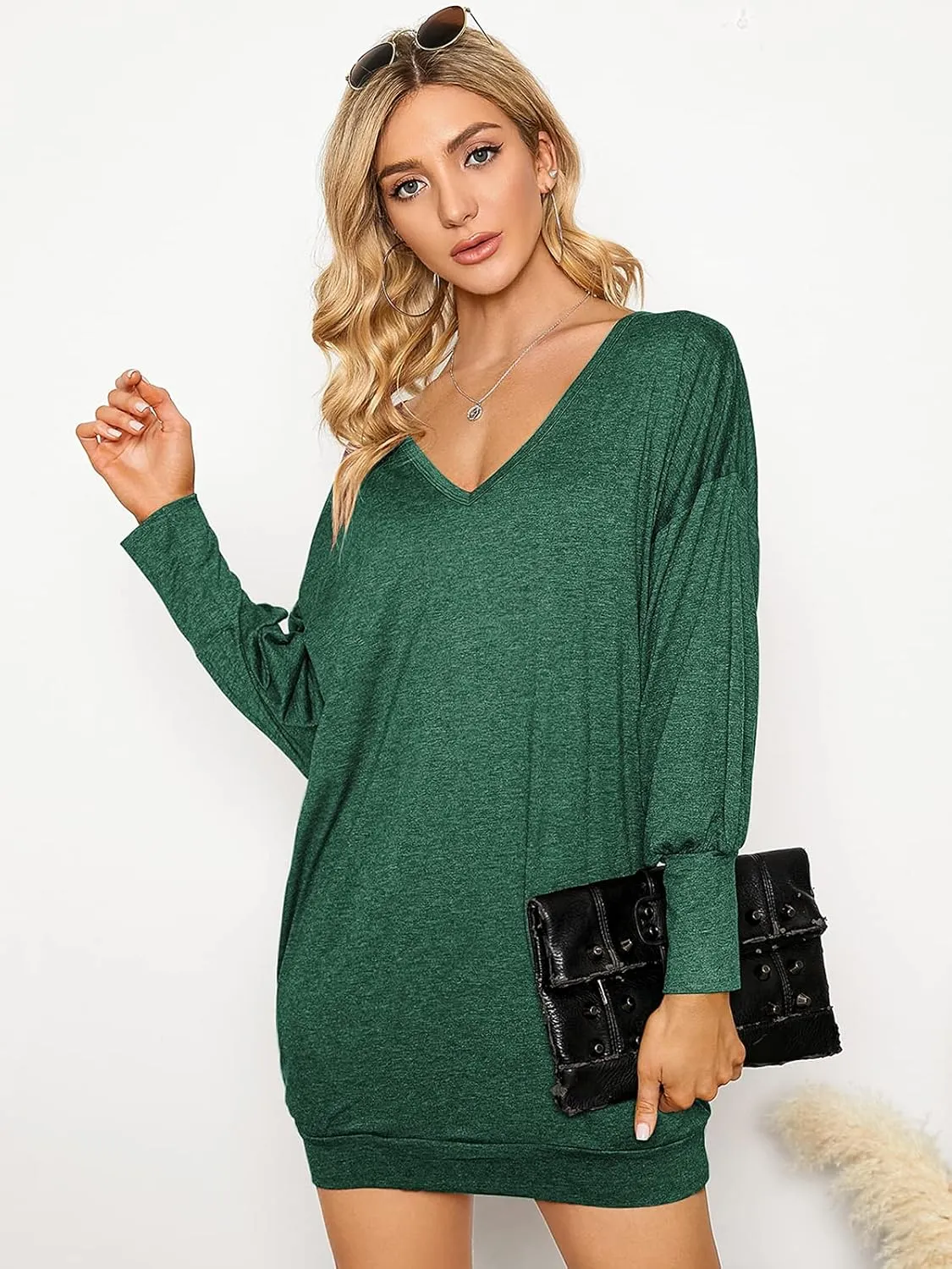 ZANZEA Women's V Neck Long Sleeve Casual Oversized Baggy Tops Loose Blouses Pullover Tunic Sweater Sweartshirt Dress