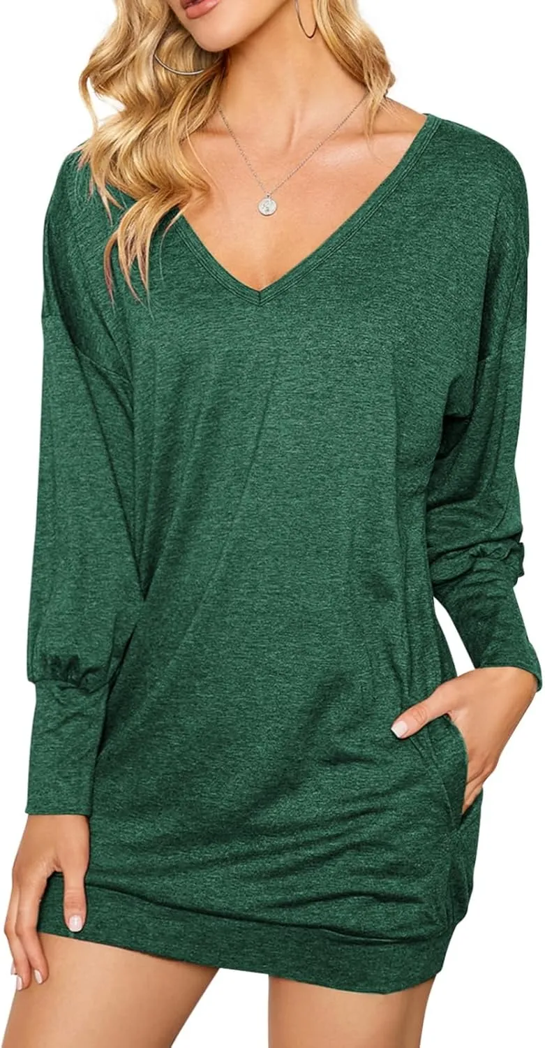 ZANZEA Women's V Neck Long Sleeve Casual Oversized Baggy Tops Loose Blouses Pullover Tunic Sweater Sweartshirt Dress