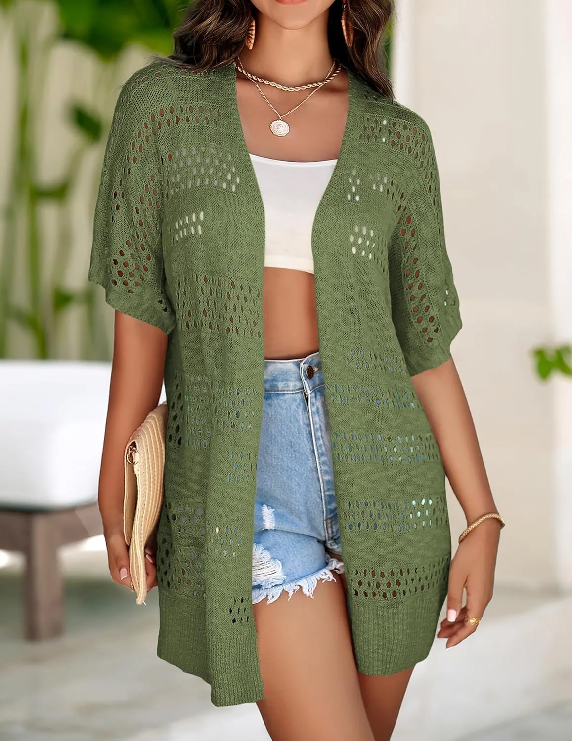 Zeagoo Lightweight Summer Crochet Cardigan for Women Short Sleeve Kimono Boho Oversized Open Front Knitted Cardigan