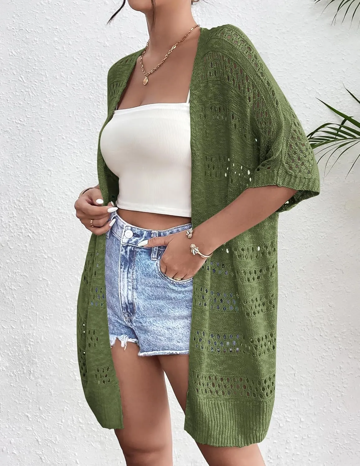 Zeagoo Lightweight Summer Crochet Cardigan for Women Short Sleeve Kimono Boho Oversized Open Front Knitted Cardigan