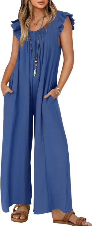 ZESICA Women's Summer Loose Jumpsuit Casual V Neck Sleeveless Oversized Wide Leg Pant Overalls Romper with Pockets