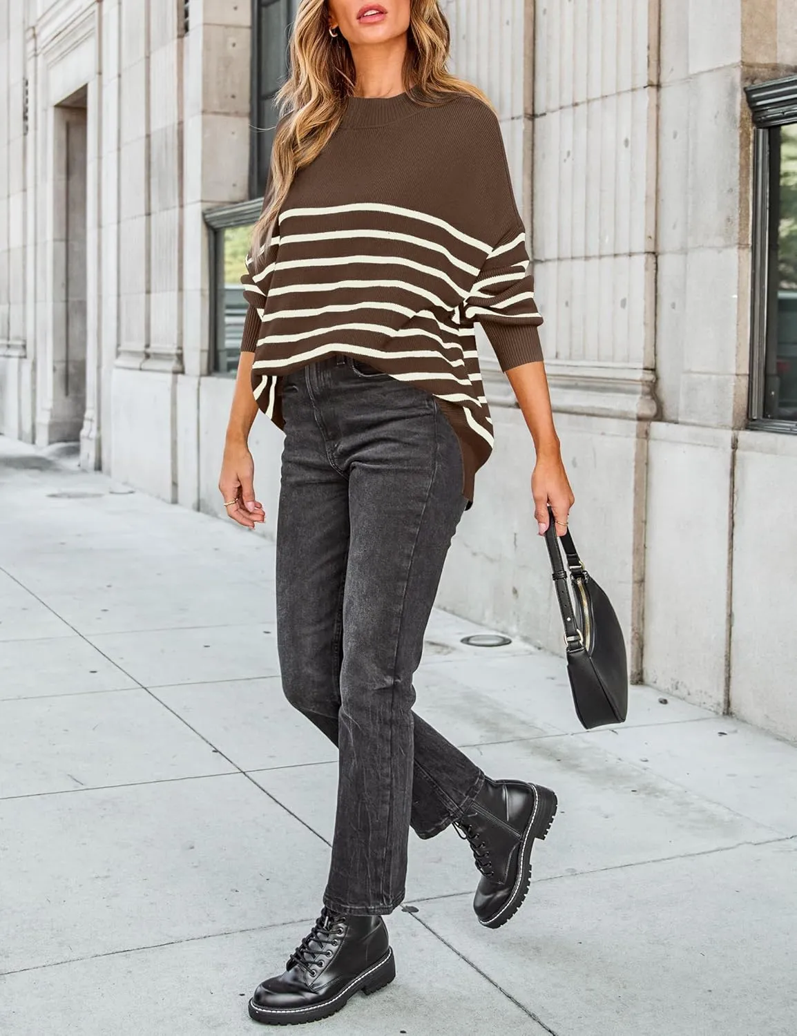 ZESICA Women's Winter Oversized Sweaters Long Sleeve Color Block Mock Neck Side Slit Comfy Loose Knitted Pullover Tops