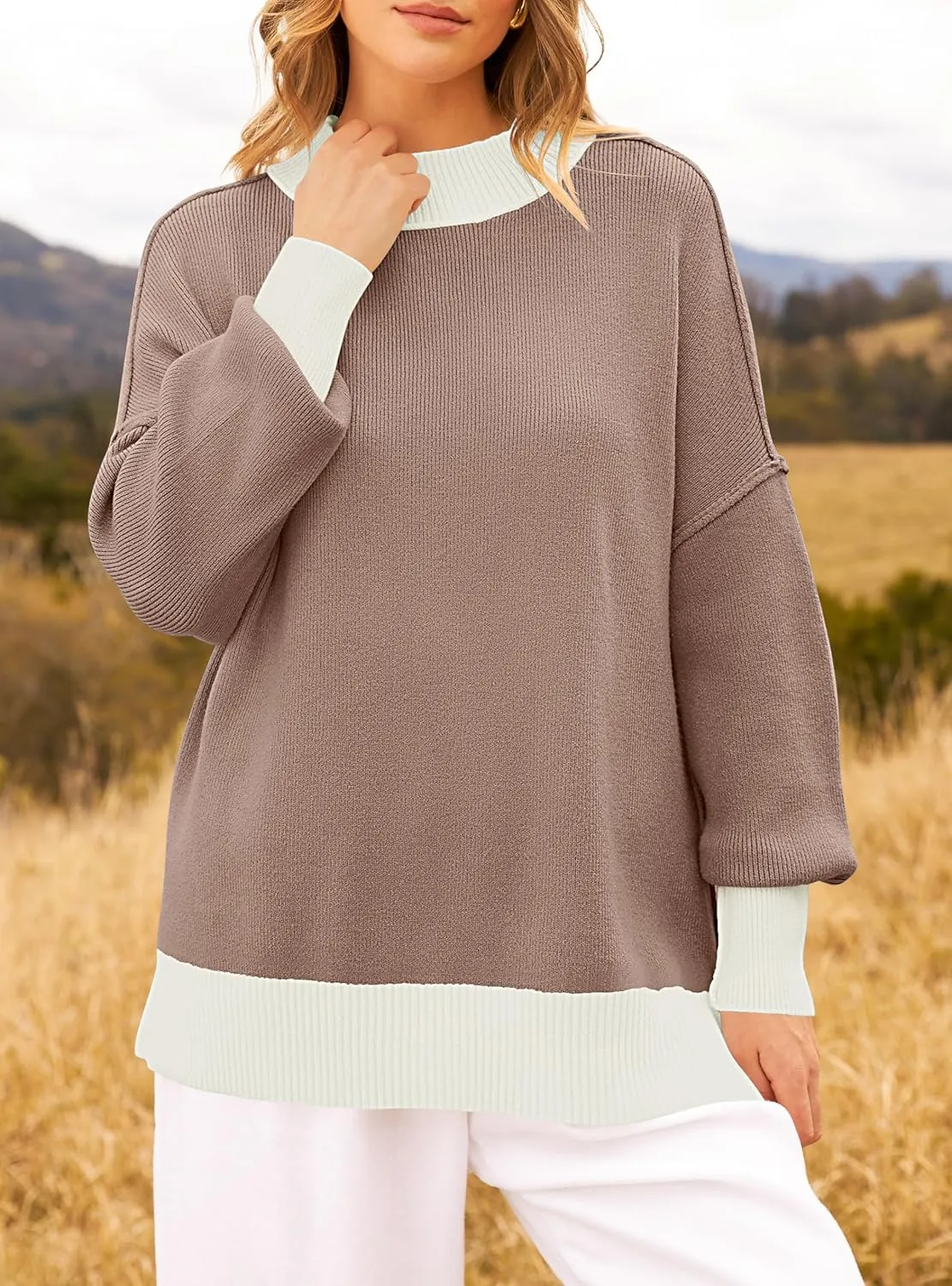 ZESICA Women's Winter Oversized Sweaters Long Sleeve Color Block Mock Neck Side Slit Comfy Loose Knitted Pullover Tops
