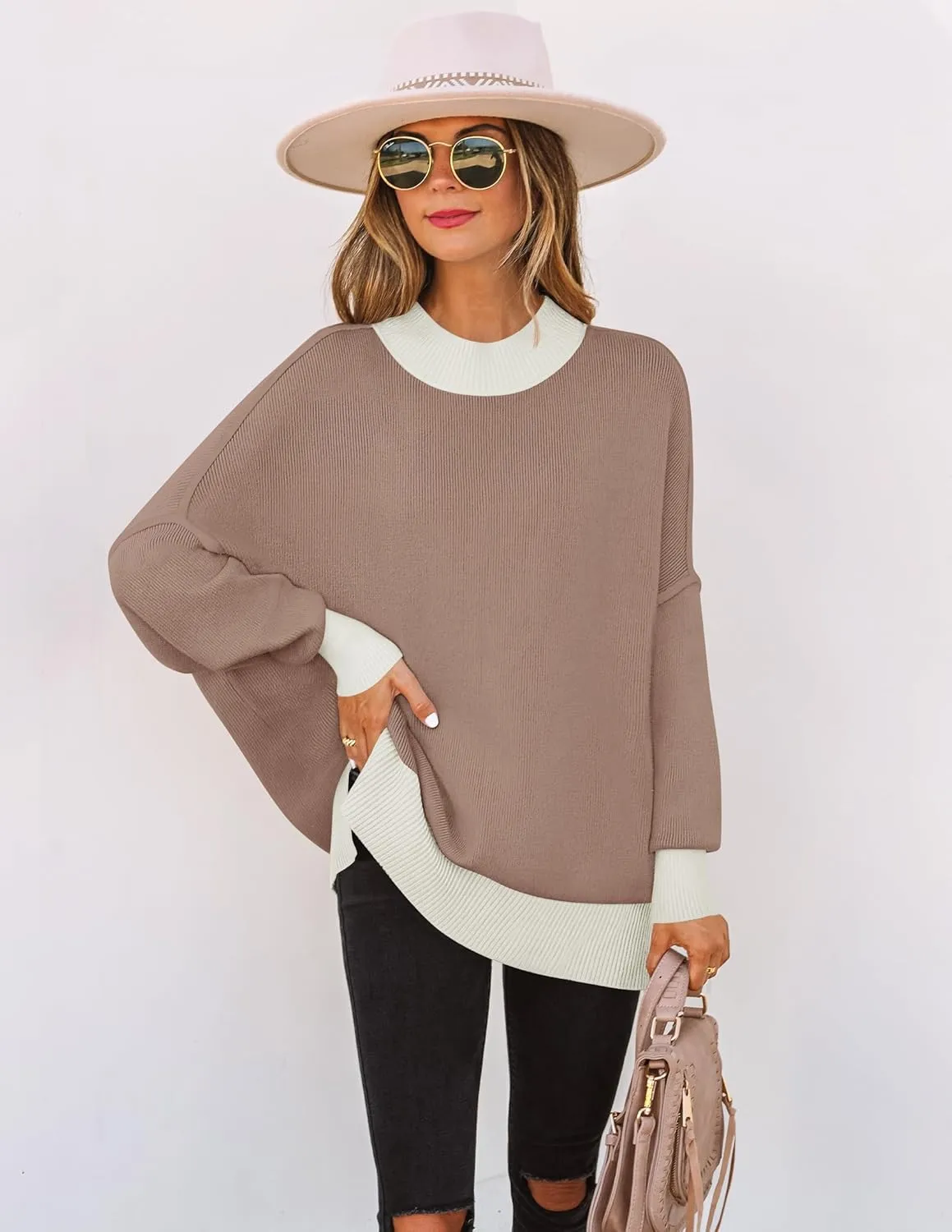 ZESICA Women's Winter Oversized Sweaters Long Sleeve Color Block Mock Neck Side Slit Comfy Loose Knitted Pullover Tops