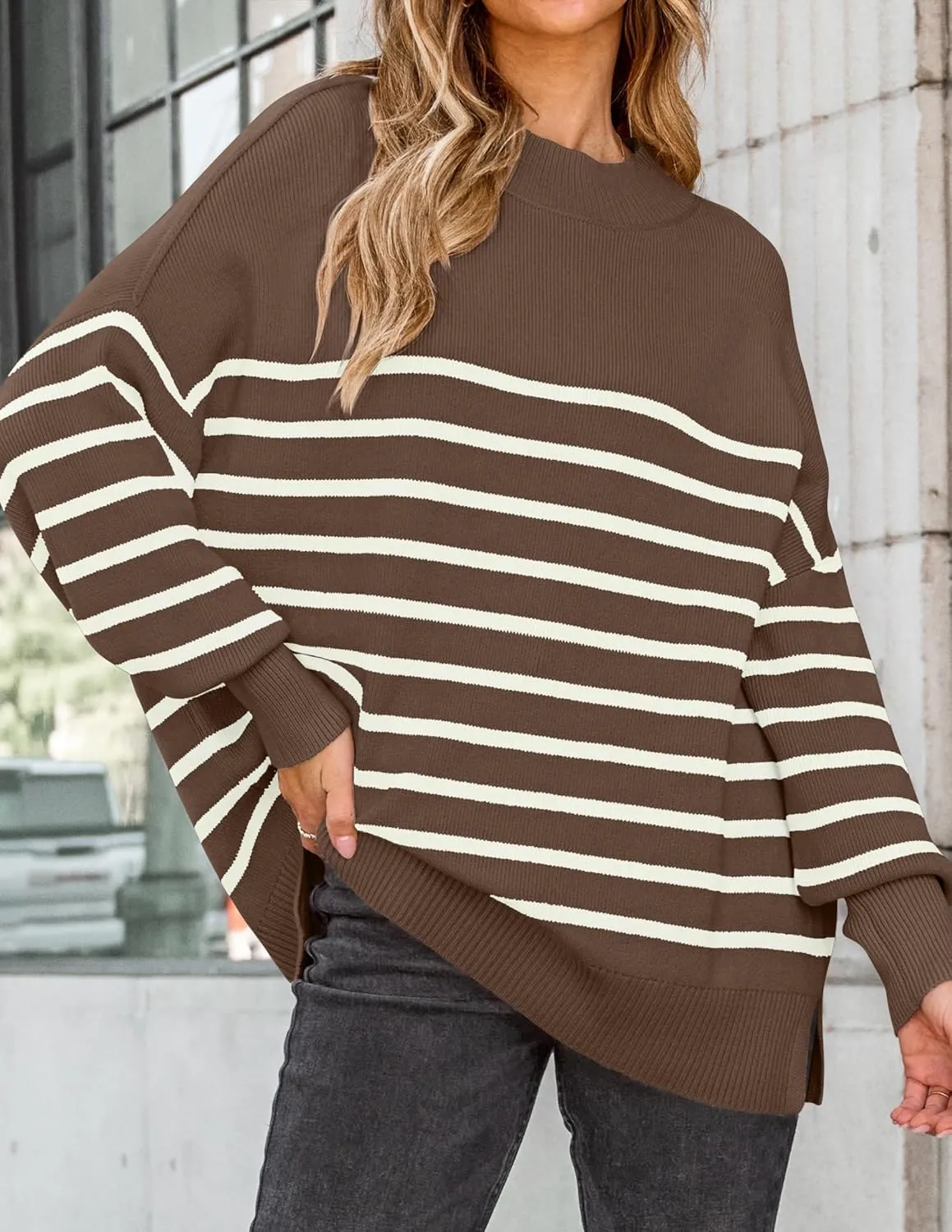 ZESICA Women's Winter Oversized Sweaters Long Sleeve Color Block Mock Neck Side Slit Comfy Loose Knitted Pullover Tops