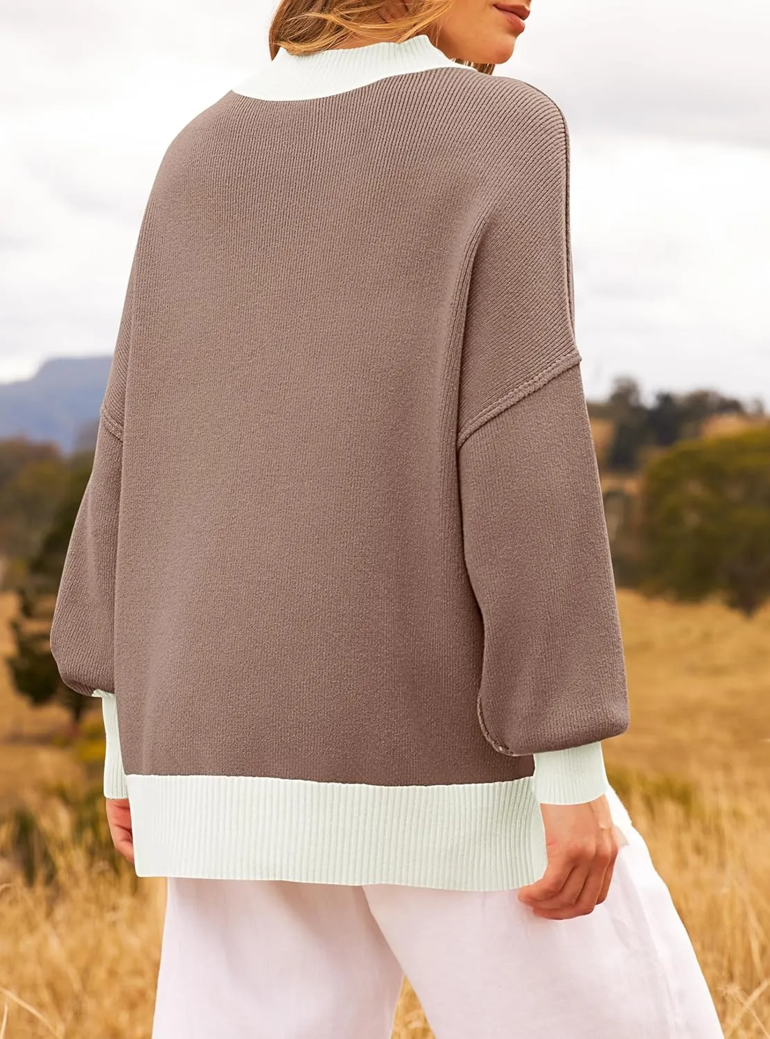 ZESICA Women's Winter Oversized Sweaters Long Sleeve Color Block Mock Neck Side Slit Comfy Loose Knitted Pullover Tops