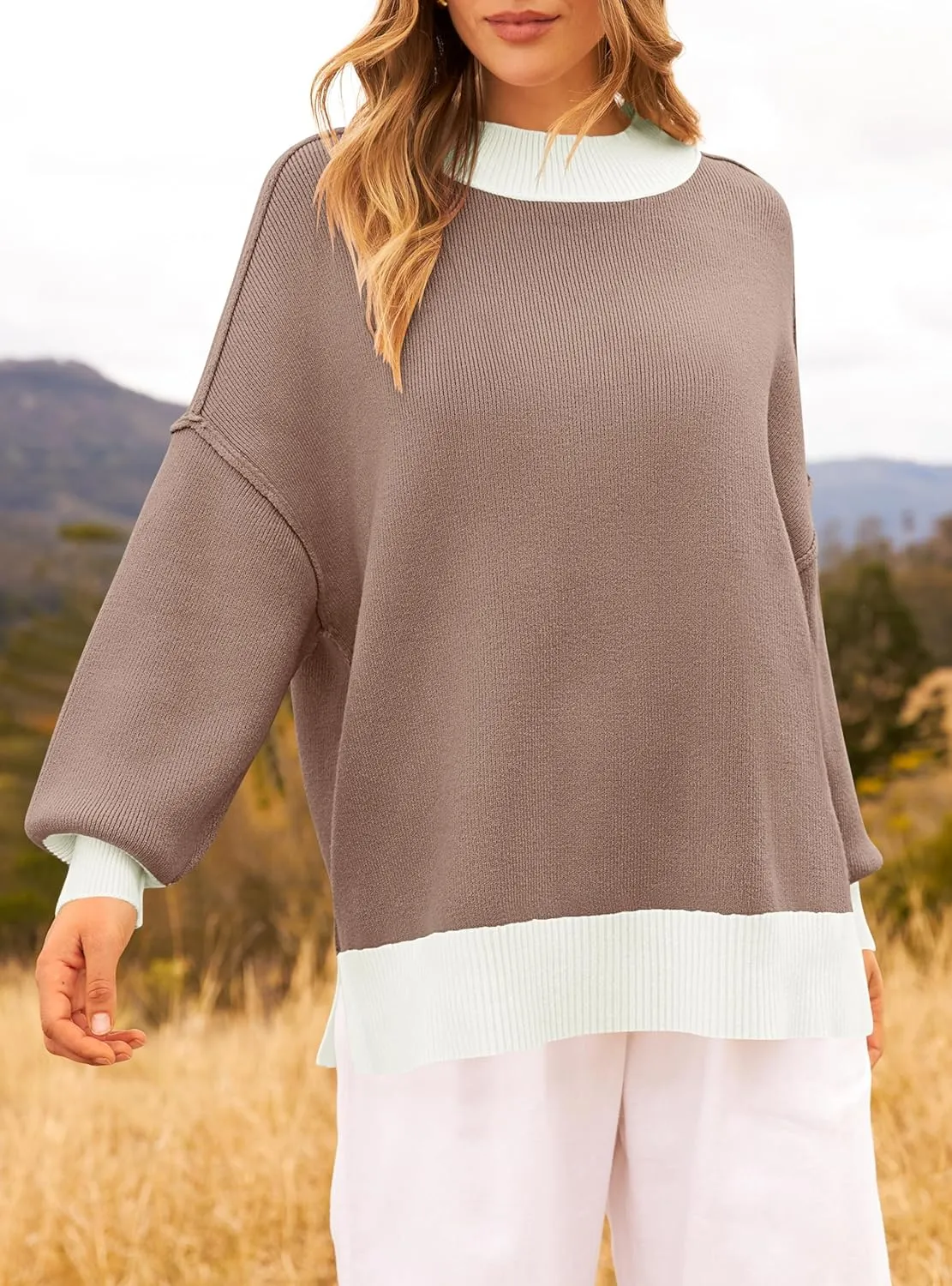 ZESICA Women's Winter Oversized Sweaters Long Sleeve Color Block Mock Neck Side Slit Comfy Loose Knitted Pullover Tops