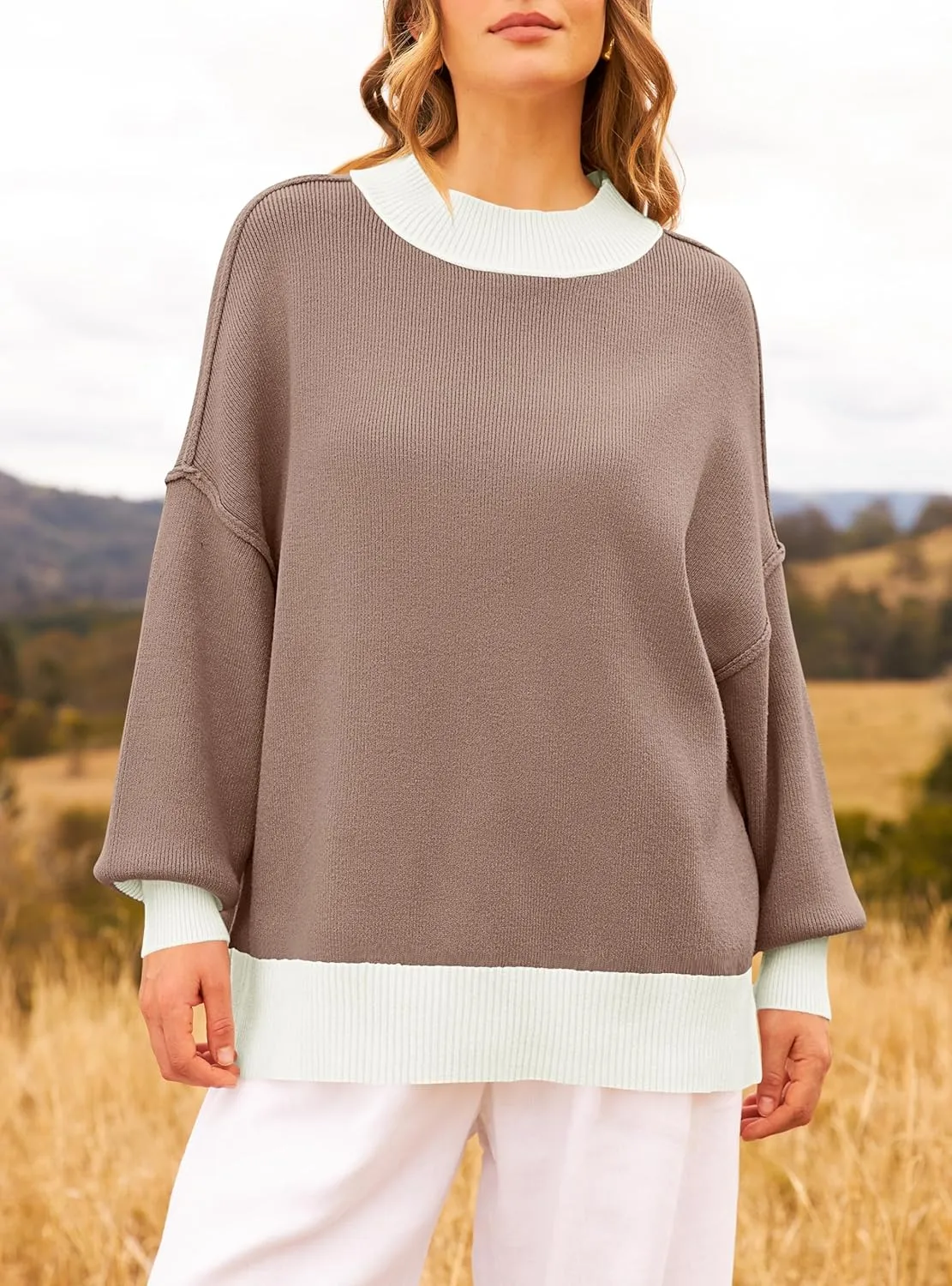 ZESICA Women's Winter Oversized Sweaters Long Sleeve Color Block Mock Neck Side Slit Comfy Loose Knitted Pullover Tops