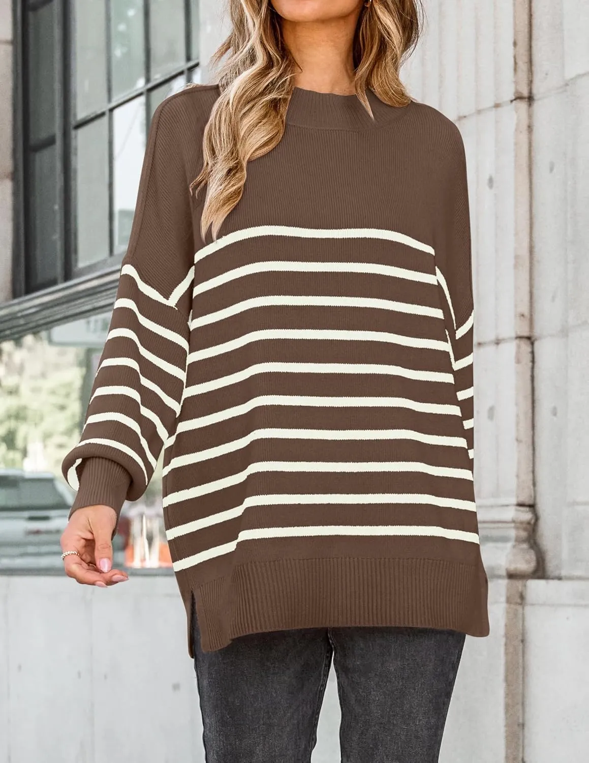 ZESICA Women's Winter Oversized Sweaters Long Sleeve Color Block Mock Neck Side Slit Comfy Loose Knitted Pullover Tops